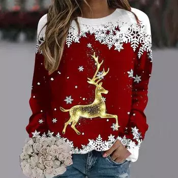 Олень Рождество Harajuku Одежда для женщин свободного покроя хлопковая футболка Топы с круглым вырезом Повседневная женская мода с длинным рукавом Уличная одежда S