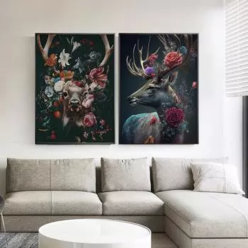 Олень с яркими цветами, настенный художественный холст с принтом, постер, причудливое изображение животного для подарка, гостиной, домашнего декора, Cuadros 21x30cm No Framed