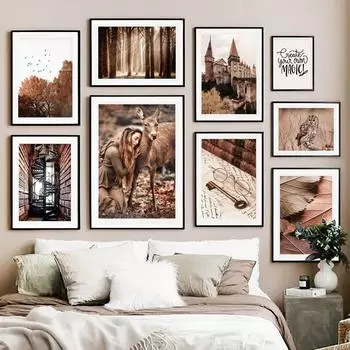 Олень Замок Лесная Сова Ретро Природа Пейзажи Плакаты и принты Настенная Картина на Холсте Для Декора Гостиной Домашнее Украшение 21X30cm No Frame