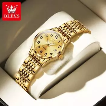 OLEVS 6666 с подарочной коробкой, механические настольные водонепроницаемые женские часы с одним календарем, женские часы золотой