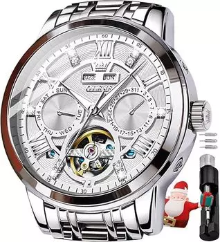 OLEVS Автоматические Вечные Металлические Часы для Мужских Часов, Механические и с Ручным Заводом, Календарь, Скелетон, Браслет, Ретро, Стильные, Мужские Часы, белый