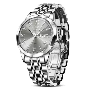OLEVS Business Analog Silver Grey Популярные наручные часы из нержавеющей стали Cool Silver Men, удобные для чтения, повседневные мужские часы, водонепроницаемые, светящиеся,