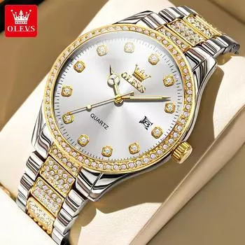 OLEVS Business Trend Автоматические Дата Водонепроницаемые Светящиеся Оригинальные Бизнес Часы Все Бриллианты Люксовый Бренд Мужские Кварцевые Часы золотой