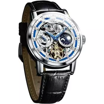 OLEVS Мужские механические часы с автоматическим и ручным заводом, кожаные модные мужские часы, кожаный скелетон, фазы Луны, светящиеся лунные водонепроницаемые часы для мужчин, синие