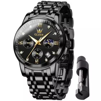 OLEVS часы для мужчин кварцевые фазы Луны таймер из нержавеющей стали простые модные водонепроницаемые светящиеся часы с датой для мужчин (Черный-2858)