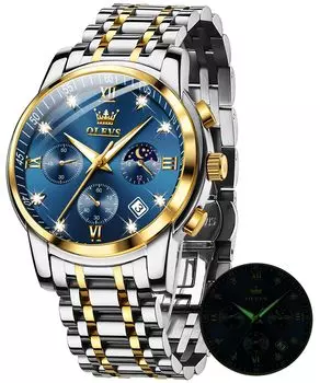OLEVS часы для мужчин с таймером фазы Луны, кварцевые, с браслетом из нержавеющей стали, простые, модные, водонепроницаемые, светящиеся, с датой, мужские, синие