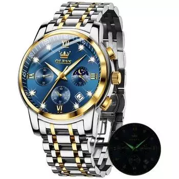 OLEVS часы для мужчин с таймером фазы Луны, кварцевые, с браслетом из нержавеющей стали, простые, модные, водонепроницаемые, светящиеся, с датой, мужские, синие