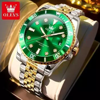 OLEVS - Часы Мужские кварцевые часы Водонепроницаемые светящиеся часы с календарем Мужские деловые часы золотой/зелёный