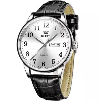 OLEVS Черные стильные кварцевые часы Аналоговые водонепроницаемые часы Популярные часы Кожаный ремень Бизнес-часы День недели Дата Легко читаемый подарок Белый