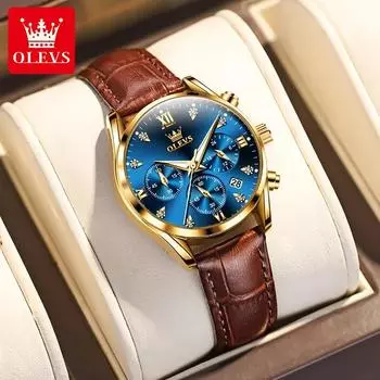 OLEVS Chronograph Quartz Watch For Women Calendar Leather Classic Wristwatch Waterproof Luminous Diamond Woman Watches синий/золотой
