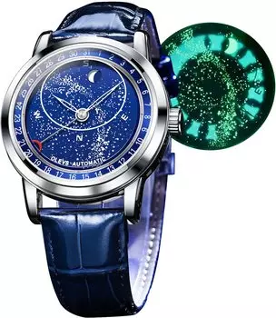 OLEVS Cool Starry Sky автоматические механические часы роскошный кожаный ремень скелетон кожаный ремень водонепроницаемые часы для мужчин мужские синие…