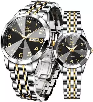 OLEVS Couple Watch Popular Gift Pair Watch Quartz Stylish Stainless Steel Date Easy to See Luminous White Black Present Pair Watches