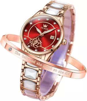 OLEVS Easy to Japanese Day Gift Women s Watch, Stylish, Read, Movement, Popular, Cute, Date, Luminous, Waterproof, Valentine s (Wine Red-3606)