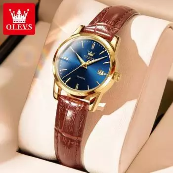 OLEVS Elegant Women s Watch Leather Strap Fashion Simple Waterproof Women s Quartz Watch Top Brand Date Clock Girl Gift синий