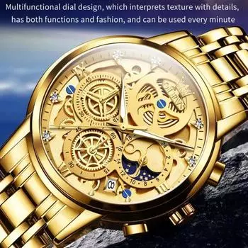 OLEVS Gold Skeleton Style 24 Hour Day Night Luminous Watches Men s Watches Luxury Original Waterproof Quartz Watch золотой/белый