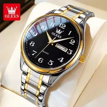 OLEVS Классические мужские часы из нержавеющей стали, водонепроницаемые, светящиеся, с двойным календарем, кварцевые часы для мужчин синий/золотой