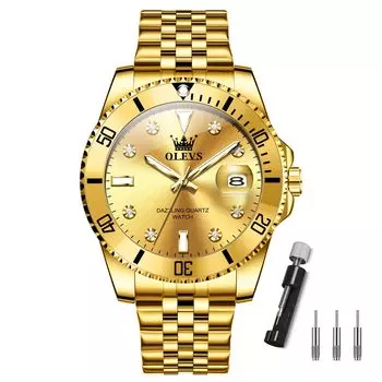 OLEVS кварцевые часы из нержавеющей стали, большие модные популярные золотые часы для мужчин, мужские часы, водонепроницаемые, аналоговые, дата, золото, ремешок, циферблат, деловые, простые, мужские