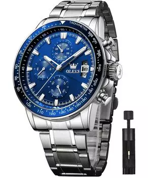 OLEVS кварцевые часы стильные многофункциональные часы из нержавеющей стали водонепроницаемые светящиеся часы с датой аналоговые модные студенческие часы для мужчин синие