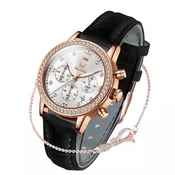 OLEVS Ladies Watch Cute Leather Strap Clock Stylish Leather Chronograph Quartz Crystal Bracelet Set Rose Gold Popular Lightweight Thin Waterproof Date