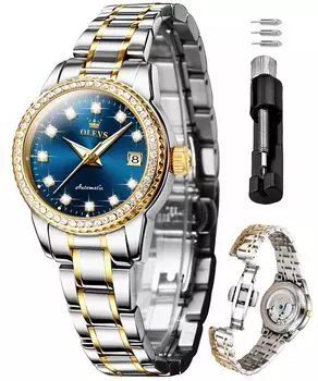 OLEVS Ladies Watch Mechanical Automatic Cute Arm Watch Ladies Watch Waterproof Luminous Diamond Sparkling Ladies Watch Date Ladies Watch Blue