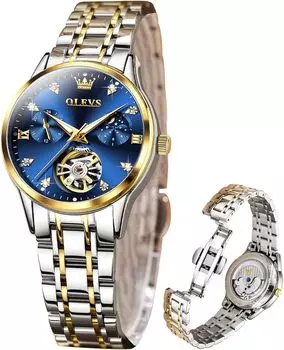 OLEVS Ladies Watch Mechanical Automatic Cute Arm Watch Ladies Watch Waterproof Luminous Diamond Sparkling Ladies Watch Date Ladies Watch Blue