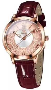 OLEVS Ladies Watch Popular Cute Rose Gold Fashion Diamond Quicksand Waterproof Luminous Present Ladies Watch (Red-5539)
