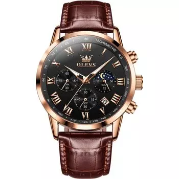 OLEVS Leather Arm Day of the Black Мужские часы, Часы, Водонепроницаемые, Мужские часы, Аналоговые, Стильные, Простые, Кварцевые, Легкие, Коричневый, Джентльмен, Дата,