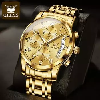 OLEVS Luxury Gold WristWatches Strap Quartz Watch Fashion Multifunctional Chronograph Watch Waterproof Luminous Watches чёрный