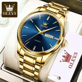 OLEVS Luxury Men s Watches Stainless Steel Waterproof Weekly Calendar Quartz Watch Original Luminous Simplicity Wristwatch синий/чёрный