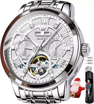 OLEVS механические автоматические ручные вечные календари скелетонированные металлические браслет ретро стильные часы светящиеся водонепроницаемые часы для мужчин белые мужские и мужские