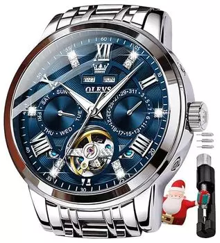 OLEVS механические автоматические ручные вечные календари скелетонированные металлические браслет ретро стильные часы светящиеся водонепроницаемые часы для мужчин синие мужские и мужские синий