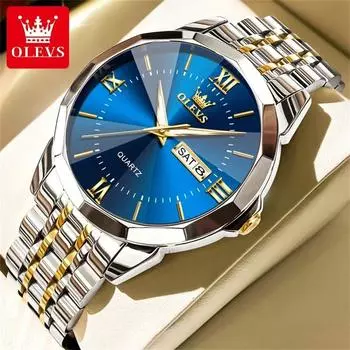 OLEVS Men Gold Watch Luxury Rhombus Design Stainless Steel Calendar Date Waterproof Luminous Original Quartz Watches for Men золотой/синий