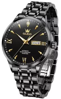 OLEVS Men s Automatic Watch - Mechanical Men s Arm Watch - Waterproof Luminous Date - Black Hollow Dial Stainless Steel Stylish Men s Watch Black