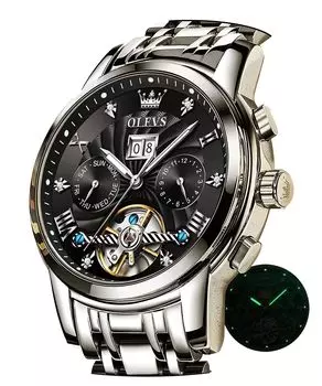 OLEVS Men s Cool Watch Automatic Winding Stylish Popular Black Calendar Display Waterproof Date Luminous Business Fashion Black [Parallel Import]