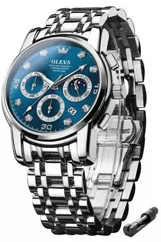 OLEVS Men s Fashion Chronograph Arm Watch Men s Business Quartz Moon Phase Stainless Steel Band Sapphire Glass Waterproof Luminous Blue watch for men