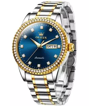 OLEVS Men s Fashionable Cool Diamond Automatic Waterproof Date Luminous Business Skeleton Arm Watch Brand Popular Blue [Parallel Import]