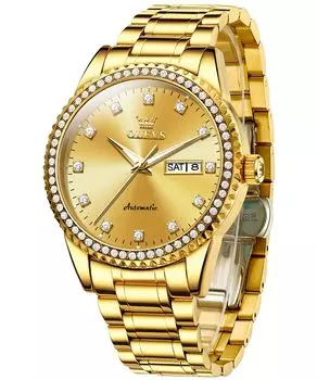 OLEVS Men s Fashionable Gold Automatic Winding Waterproof Date Luminous Business Skeleton Arm Watch Popular Brand