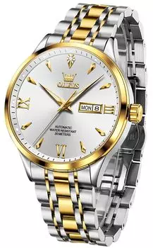 OLEVS Men s Mechanical Arm Watch Automatic Manual Winding Waterproof Luminous Date Stainless Steel Father s Day watch for man White