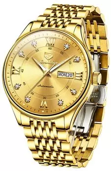 OLEVS Men s Mechanical Arm Watch Automatic Manual Winding Waterproof Luminous Date Stainless Steel Father s Day watch for man gold