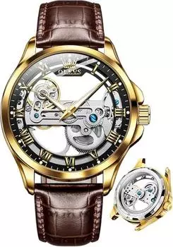 OLEVS Men s Mechanical Automatic & Manual Winding Transparent Clear Skeleton Leather Belt Fashion Stylish Men s Watch Leather Luminous Waterproof