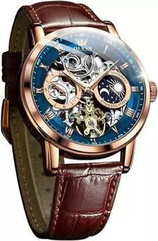 OLEVS Men s Mechanical Automatic & Manual Winding Leather Fashion Men s Watch Leather Skeleton Moon Phase Luminous Moon Waterproof watch for men Blue