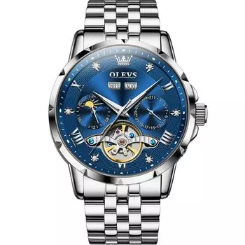 OLEVS Men s Mechanical Automatic Winding Moon Phase Stylish Skeleton Waterproof Popular Watch Luminous Watch for Men Blue