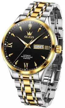 OLEVS Men s Mechanical Movement Arm Watch Automatic Manual Winding Waterproof Luminous Date Stainless Steel Father s Day Gift watch for man Black