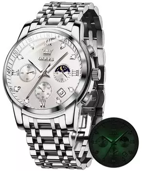 OLEVS Men s Moon Phase Timer Quartz Stainless Steel Band Simple Fashion Waterproof Luminous Date Watch for men White