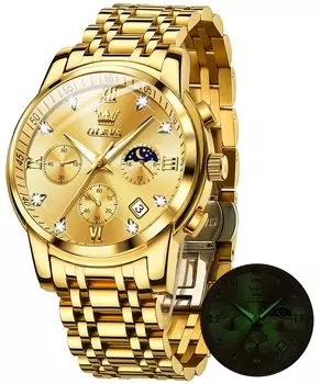OLEVS Men s Moon Phase Timer Waterproof Luminous Date Quartz Stainless Steel Band Simple Fashion Watch for men gold