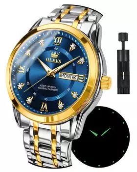 OLEVS Men s Silver Popular Quartz Calendar Waterproof watch for men Brand Stainless Steel Stylish Blue
