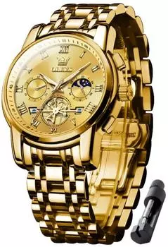 OLEVS Men s Stylish Chronograph Watch Men s Business Popular Brand Large Easy to Read Analog Waterproof Quartz Arm Watch Gold (Gold)