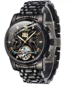 [OLEVS] Men s Stylish Cool Black Automatic Skeleton Waterproof Date Luminous Business Fashion Hand Watch Popular Brand Black [Parallel Import]