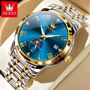 OLEVS Men s Wacthes Trend Fashion Original Quartz Wristwatch Waterproof Luminous Date Moon Phase Business Watch синий/золотой