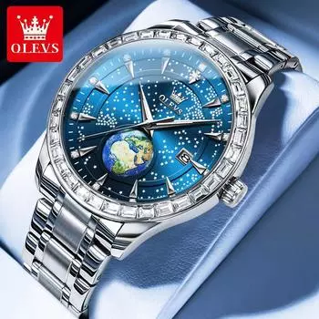 OLEVS Men s Watch Luxury Trendy Diamond Starry Sky Earth Quartz Watch Stainless Steel Waterproof Calendar Clock Men s Watch Stainless Steel синий